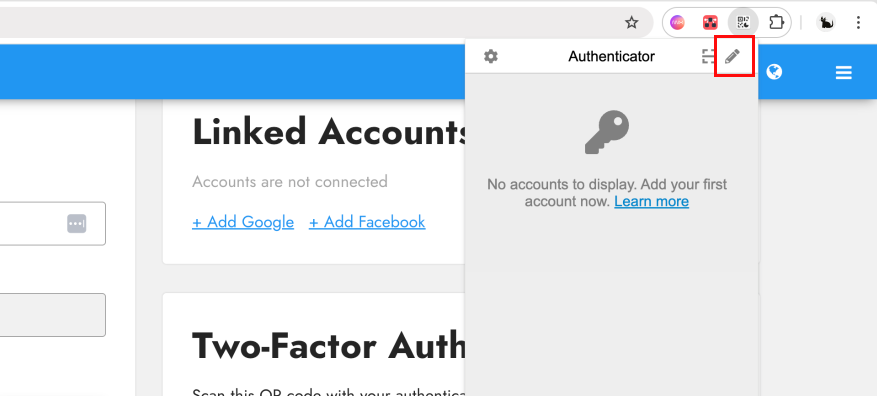 Paskyros redagavimo ikona autentifikatoriuje